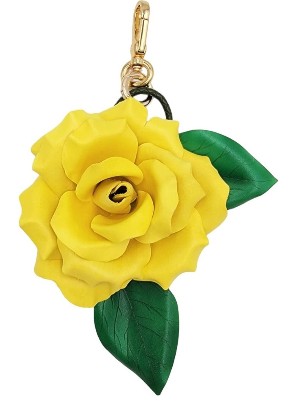 Hand-Painted Real Leather Yellow Rose Bag Charm & Keychain - Unique Gift for Her